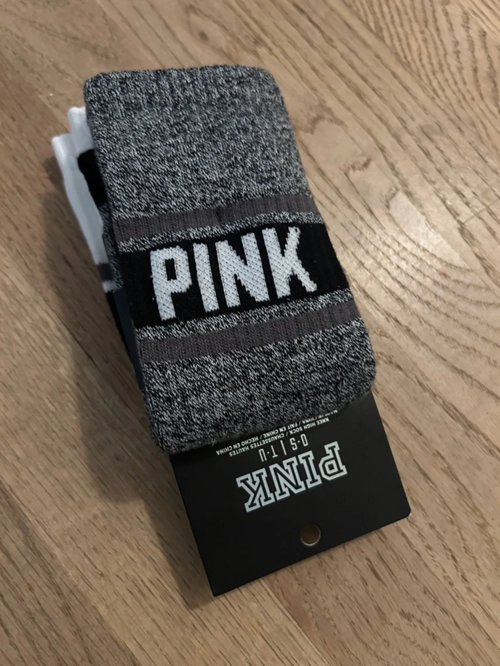 PINK White Knee Socks with Black and Gray Stripes One Size - Picture 3 of 3